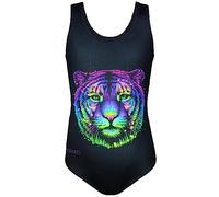 Aquarti Girls' One Piece Swimsuit with Open Back Print, Colorful Tiger/Black, 128