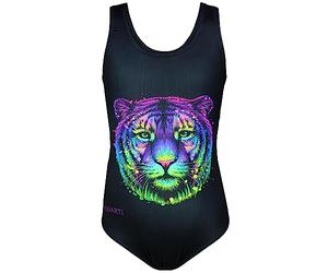 Aquarti Girls' One Piece Swimsuit with Open Back Print, Colorful Tiger/Black, 140