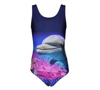 Aquarti Girls' One Piece Swimsuit with Open Back Print, Dolphin/Dark Blue/Pink, 134