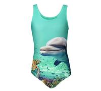 Aquarti Girls' One Piece Swimsuit with Open Back Print, Dolphin/Green, 140