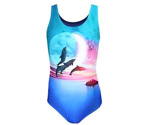 Aquarti Girls' One Piece Swimsuit with Open Back Print, Dolphins Moon Pink/Blue, 116