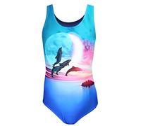Aquarti Girls' One Piece Swimsuit with Open Back Print, Dolphins Moon Pink/Blue, 140