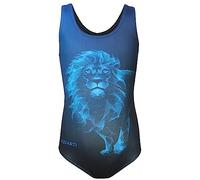Aquarti Girls' One Piece Swimsuit with Open Back Print, Lion Blue/Black, 134