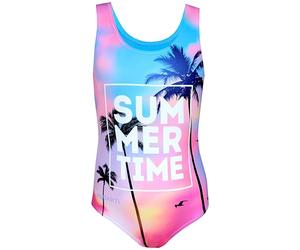 Aquarti Girls' One Piece Swimsuit with Open Back Print, Summer/Time/Blue/Pink/Purple, 164
