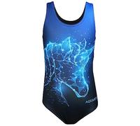 Aquarti Girls' One Piece Swimsuit with Open Back Print, Unicorn Blue/Black, 140