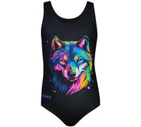 Aquarti Girls' One Piece Swimsuit with Open Back Print, Wolf/Black, 152
