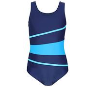 Aquarti Girls' One Piece Swimsuit with Open Back Sports Swimsuits, 026A Dark Blue/Turquoise/Sky Blue, 152