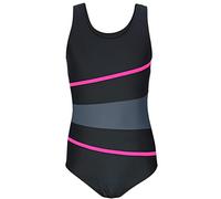 Aquarti Girls' One Piece Swimsuit with Open Back Sports Swimsuits, 026C Black/Graphite/Amaranth, 140