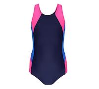 Aquarti Girls' One Piece Swimsuit with Open Back Sports Swimsuits, Dark Blue/Blue/Pink, 140