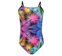 Aquarti Girls' One Piece Swimsuit with Spaghetti Straps, Colorful Leaves/Black/Pink/Orange, 140