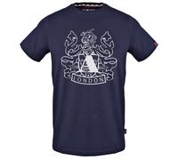 Aquascutum Mens Large Shield Aldis Logo Navy Blue T-Shirt Cotton - Size Small