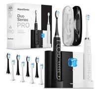 Aquasonic Duo PRO Ultra Whitening 50,000 VPM Electric Smart ToothBrushes ADA Accepted - 5 Modes with Smart Timers - UV Sanitizing & Wireless Charging Base - 10 Proflex Brush Heads & 2 Travel Cases