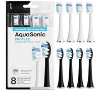 AquaSonic Genuine Proflex Replacement Brush Heads | ADA Accepted | for Whiter Teeth & Gum Care | Compatible with Duo Series PRO and Others (8 Pack Black & White)