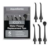 AquaSonic Icon Water Flosser Replacement Tips - 5 Tips, 4 Tip Types: Standard, Periodontal, Orthodontic & Tongue Scraper - Genuine, Authentic Parts (Onyx)