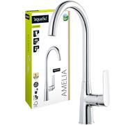 AquaSu® 798150 Amelia Sink Tap with Water-Saving Mixer Nozzle, Economical Cold Water Position, High Spout, Ceramic Cartridge, Rod Attachment, Brass Core, Chrome