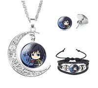 Aquasuki Nezuko Kamado Anime Jewelry Set Glass Dome Crescent Moon Pendant Charm Necklace, Earrings, Bracelet Jewelry Set Gifts for Women Girls, Metal, No Gemstone