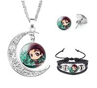 Aquasuki Nezuko Kamado Anime Jewelry Set Glass Dome Crescent Moon Pendant Charm Necklace, Earrings, Bracelet Jewelry Set Gifts for Women Girls, Metal, No Gemstone