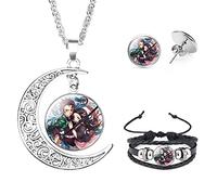Aquasuki Nezuko Kamado Anime Jewelry Set Glass Dome Crescent Moon Pendant Charm Necklace, Earrings, Bracelet Jewelry Set Gifts for Women Girls, Metal, No Gemstone