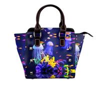 Aquatic Sea Animal Genuine Leather Crossbody Satin Bag With Studs And All-Over Print,Adjustable Detachable Strap, Elegant Spacious Tote Purse For Women