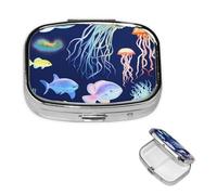 Aquatic Sea Animal Square Metal Pill Box 2 Compartment Cute Travel Pill Organizer Case Portable Medicine Vitamin Organizer Pill Case for Women Men Travel Unique Gift
