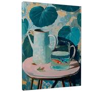 Aquatic Still Life Canvas Art, Blue Green Water Pitcher and Fish Bowl Prints, Modern Home Decor for Living Room, Bedroom, Office, Wrapped Canvas 12x16 Inch