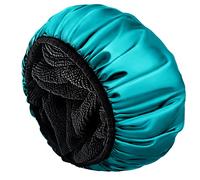 Aquior Shower Cap, Extra Large Triple Layer Bathing Cap with Dry Hair Function for Women Microfiber Terry Cloth Silky Satin 100% Waterproof Reusable Long Hair Bath Caps (Green), 13.7'' Diameter