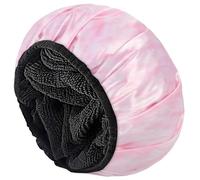 Aquior Shower Cap,Extra Large Triple Layer Bathing Cap with Dry Hair Function for Women Microfiber Terry Cloth Silky Satin 100% Waterproof Reusable Long Hair Bath Caps (Pink Cloud)