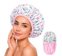 Aquior Shower Cap for Women, Double Layer Waterproof Shower Cap for Long Hair, 13" Large Reusable Shower Hair Cap for Salon, Reversible Design 2-in-1 Pink & Tulip Hair cap for Shower & Travel