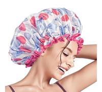 Aquior Shower Caps, Reusable Shower Cap for Women, Double Layer Waterproof Hair Cap, Large Size for All Hair Lengths (Red-Lineflower)