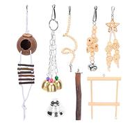 aqxreight 7 Pcs Parakeet Toy Set with Coconut Shell House, Swing, Bell, and Wooden Beads for Pet Birds and Small Animals