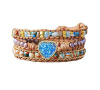 Aqxyedc Natural Stone Heart Shape Crystal Opal Charm 3 Strands Wristband Cuff Leather Wrap Bracelet Handmade wanglan