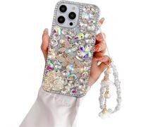 AQZBIAIOU for Google Pixel 10 Pro XL Bling Sparkle Case with Wristband Bracelet,3D Glitter Butterfly Flower Diamond Rhinestone Pearl Women Girls Phone Case for Google Pixel 10 Pro XL,White