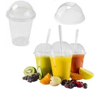 ARA CHOICE Clear Disposable Plastic Smoothie Milkshake Pint Hot & Cold Drink Round Glasses Cups + Domed Lids with Hole Water Milk Juice Beverages Drinking Cocktail Cup Glass (500, 9oz/200ml (Small))