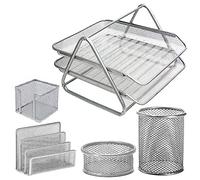 ARA CHOICE Desk Tidy Organiser Set - Office Desk Organisers 2 Tier 5 Pcs Set - A4 Paper Tray - Pen Pot - Letter Trays - Storage with Magazine Holder for Office Supplies (Silver)
