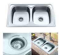 ARA CHOICE Equal Twin Bowls Stainless Steel Reversible Large Double Square Kitchen Sink Catering & Waste Plumbing Kit with Drainer & Inset Wastes Set