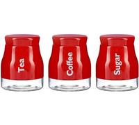 ARA CHOICE Set of 3 Red Kitchen Storage Canisters Tea Coffee Sugar Jars Pots Containers Caddy Stylish Matt Glass with Screw Lid Jar Pots Food Containers Kitchen Storage Canister Set 700ml