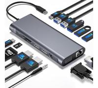 ARA INDIA 14-in-1 USB-C Docking Station, 4K@30Hz HDMI Dual Monitor Adapter, VGA, 100W PD, USB-C, USB-A, Gigabit Ethernet, SD/TF Card Reader, 3.5mm Audio - for MacBook, Laptop, Windows, Smart Phone.