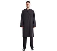 Arab Costume Men - Men'S Casual Middle Button Down Pocket Muslim Robe Trousers Two Piece Set (Black M)
