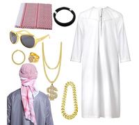 Arab Costume Men's Set, Sheikh Costume, Arabic Sheikh Costumes, Arabic Robe with Headscarf, Sunglasses, Necklace Rings, Carnival, Novelty Adults Head Wrap Clothing Kit for Cosplay, Fancy Dress Up