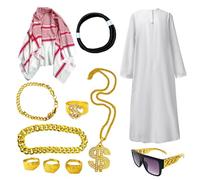 Arab Costume Set For Men - Men's Sheik White Robe With Headscarf | 11-Piece Cosplay Accessories Kit | Turban Ring Necklace Sunglasses | Carnival Halloween Role Play Outfit