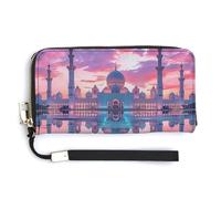 Arab Mosque Leather Wallet Fashion Purse Long Pouch with Wrist Strap for Men Women