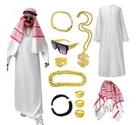 Arab Sheik Costume Men, 11Pcs Arabian Outfit Include Robe, Hijab, Arab Black Headband, Ring, Necklace and Eyeglasses,Arab Muslims Costume for Carnival Parties Birthday Halloween Cosplay Fancy Dress Up