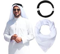 Arab Shemagh Muslim Keffiyeh Head Wrap Scarf Tactical Desert Neck Headwear with Aqel Rope for Men Women, 55x55 Inch, White, One Size