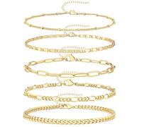 Arabella Jewels 14K Genuine Gold Plated Dainty Chain Bracelet Set for Women: 5 Adjustable Stackable and Hypoallergenic Cuff Bracelets - Perfect Trendy Jewelry Gift Adjustable