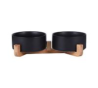Arabest Pet Ceramic Bowl, Durable Ceramic Dog and Cat Bowl, Dog Food Bowl with Wooden Stand and Non-Slip Pads, Double Dog Bowls for Food and Water (Black)