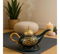 Arabic Bakhoor Burner Genie Lamp - Black & Gold Incense Holder with Dome Lid - Resin/Charcoal Burner for Home, Prayer, Meditation & Gift - Decorative Islamic Ornament 20x10cm