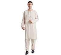Arabic Clothing Men's Kaftan Suit Men's Middle East Thobe with Trousers, Casual Dubai Arab Kaftan Clothing Men's Afghan Pakistani Indian Shalwar Kameez Suit Costume Trousers Shirt, beige, M