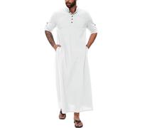 Arabic Clothing Men's Muslim Kaftan Abaya Men's Side Split Robe Stand-Up Collar Thobe Arabic Prayer Eid Clothing Islamic Clothing from the Middle East Tunic Abaya Prayer Clothing for Men, White (white