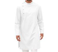 Arabic Clothing Men's Muslim Kaftan Abaya Robe Crew Stand-Up Collar Thobe Arabic Prayer Eid Islamic Middle East Prayer Clothing Print Long Sleeves Retro Tunics, O White, S