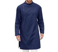 Arabic Clothing Men's Muslim Kaftan Abaya Robe Crew Stand-Up Collar Thobe Arabic Prayer Eid Islamic Middle East Prayer Clothing Print Long Sleeves Retro Tunics, O Blue, M